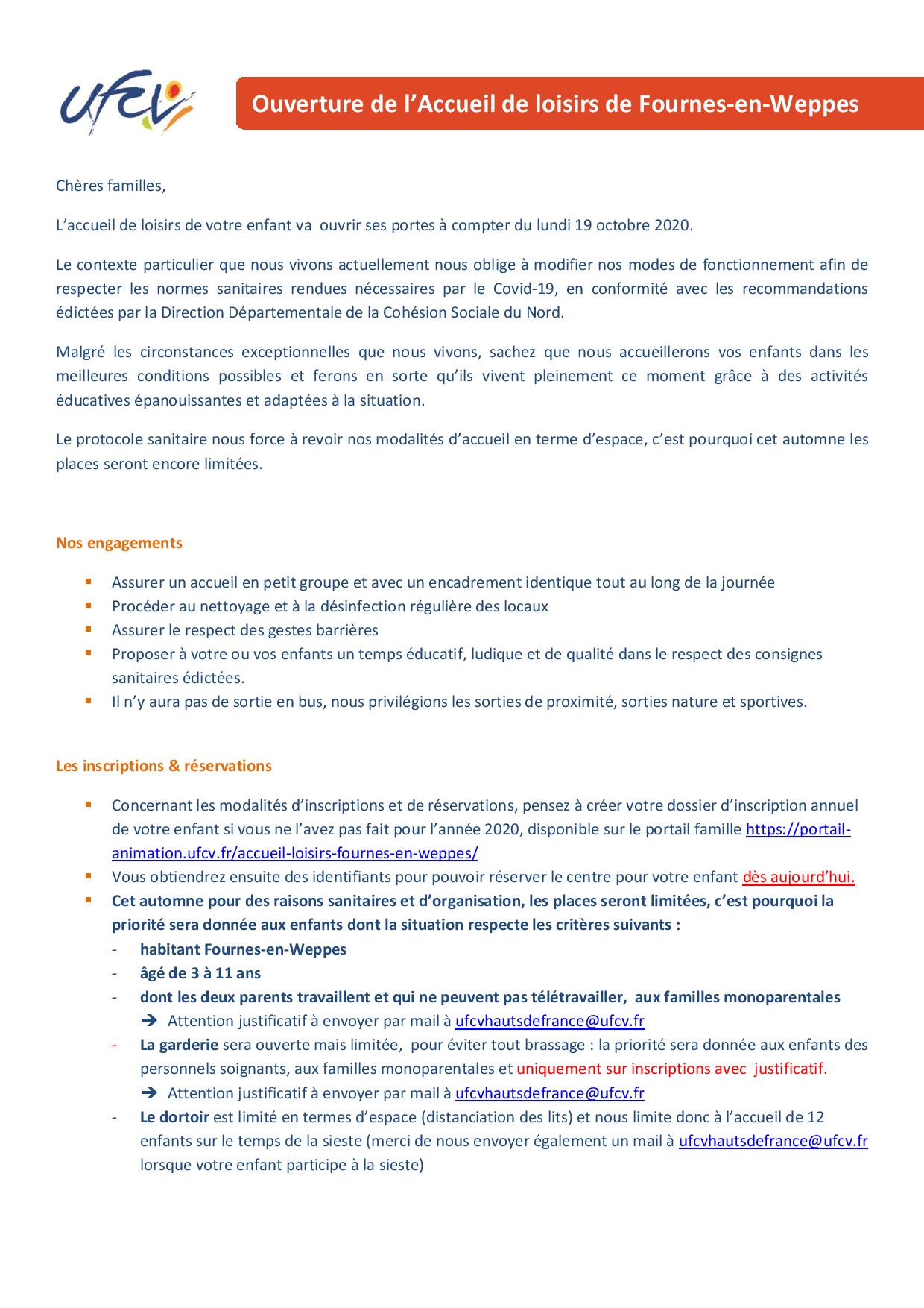 Courrier d informations aux familles FOURNES octobre 2020 page1