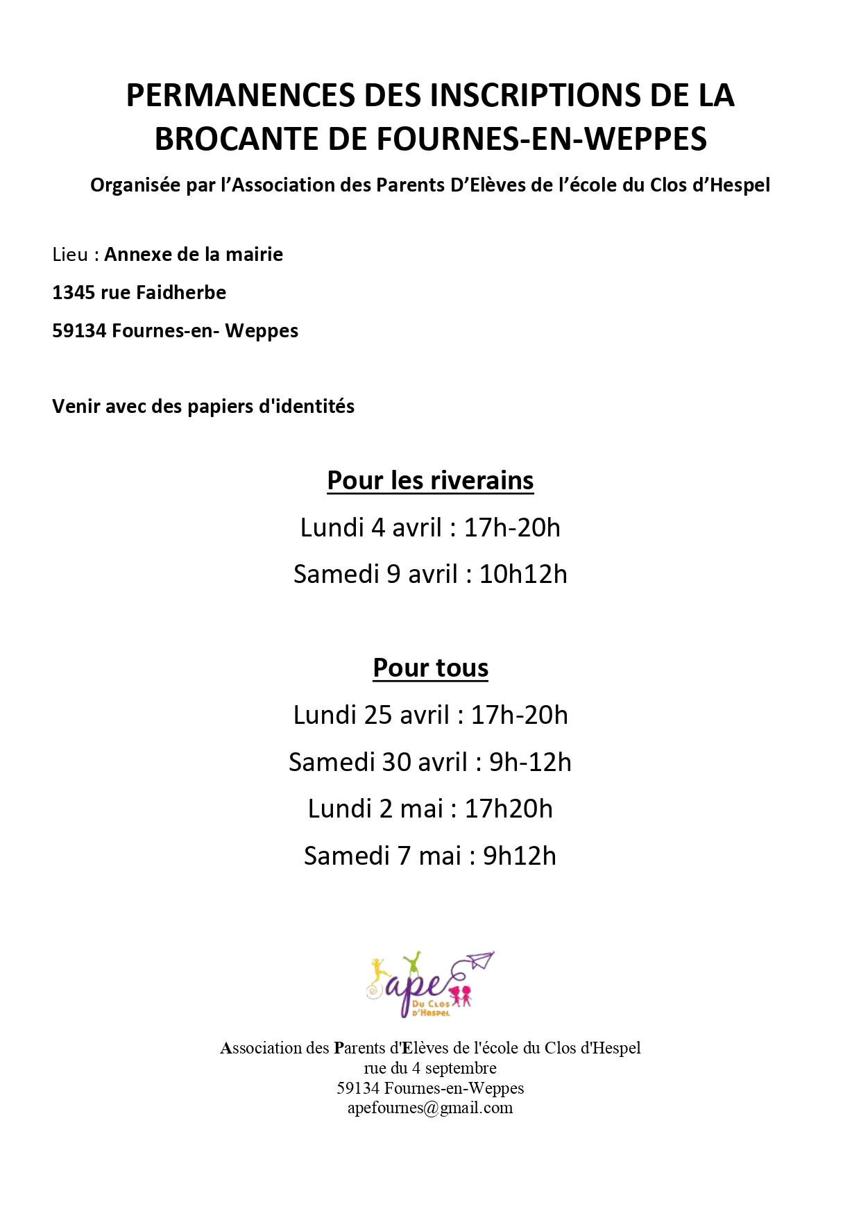 PERMANENCES DES INSCRIPTIONS DE LA BROCANTE DE FOURNES page 0001