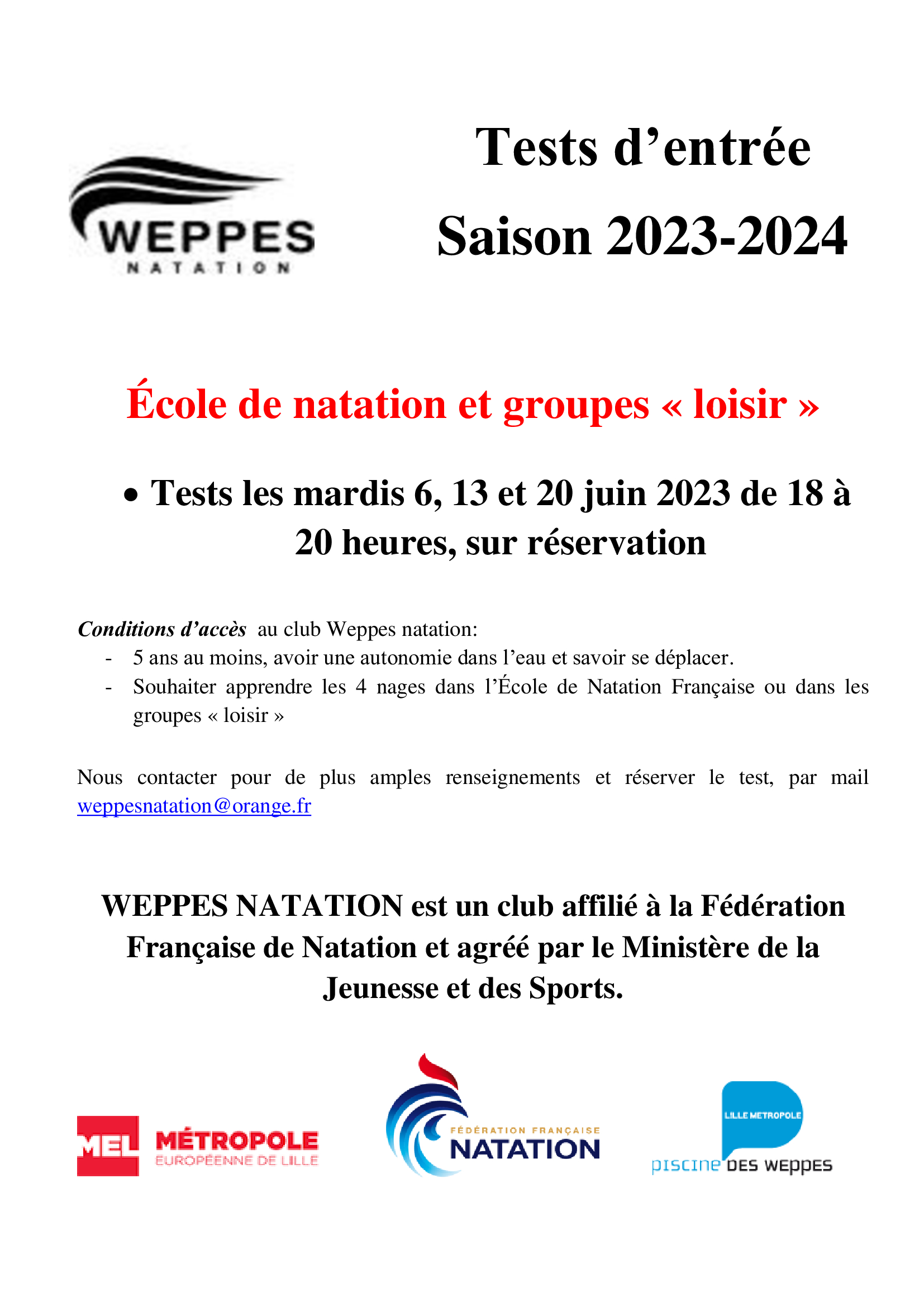 Affiche Weppes Natation 2023 2024